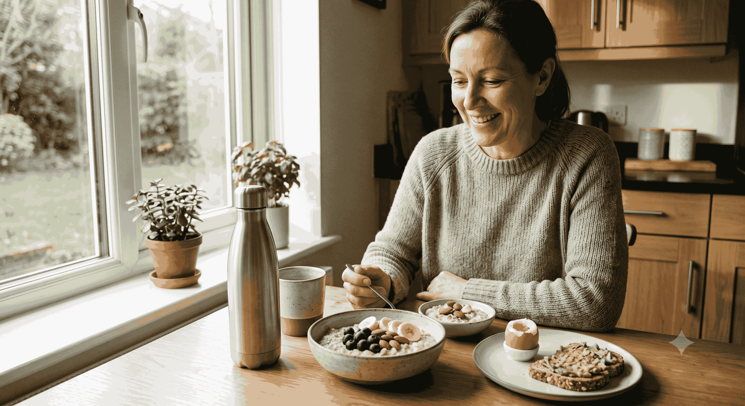 A smiling woman enjoying a balanced breakfast with oatmeal, fruit, boiled egg, avocado toast, and a reusable water bottle by a bright kitchen window.
