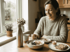 A smiling woman enjoying a balanced breakfast with oatmeal, fruit, boiled egg, avocado toast, and a reusable water bottle by a bright kitchen window.